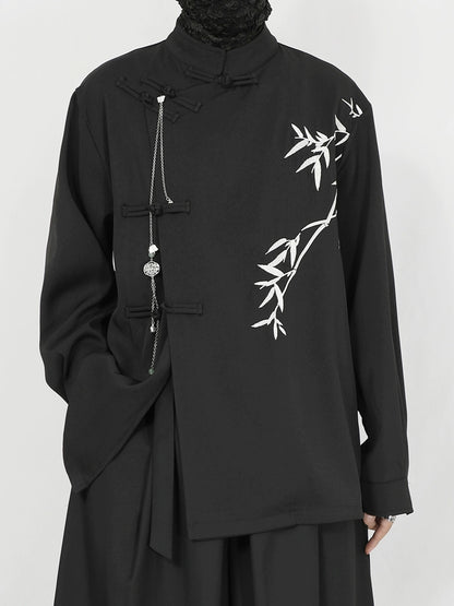 Standing-Collar Frog Button Bamboo Embroidery Long Sleeve Shirt WN20157