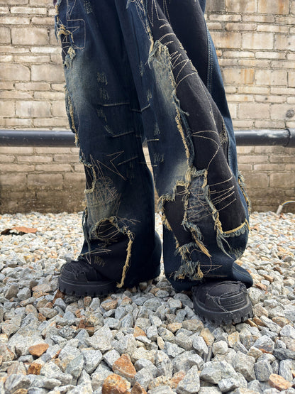 Heavyweight Patchwork Wide Leg Raw Hem Denim Jeans WN22992