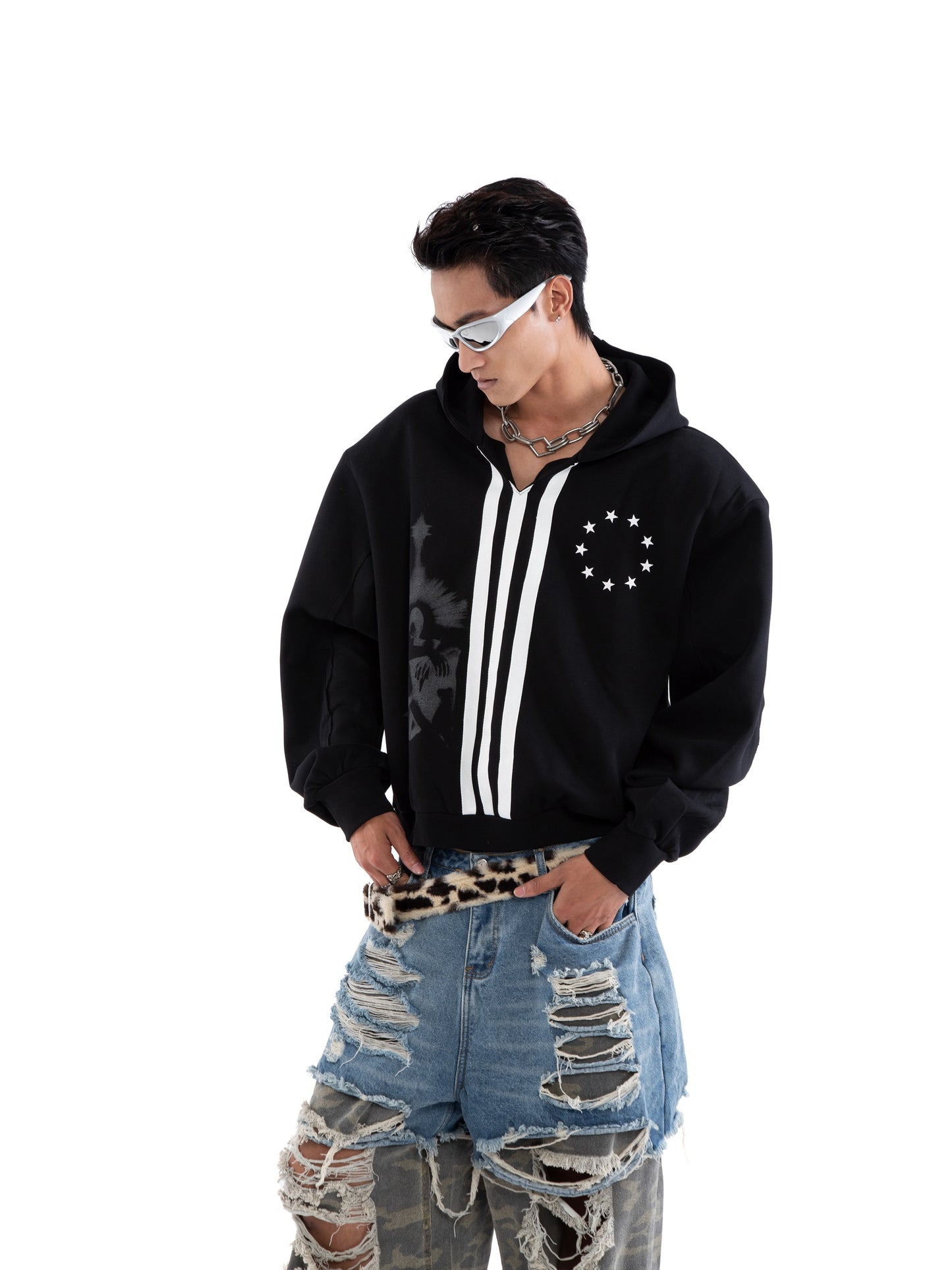 Flag Print V-Neck Oversize Hoodie WN20647