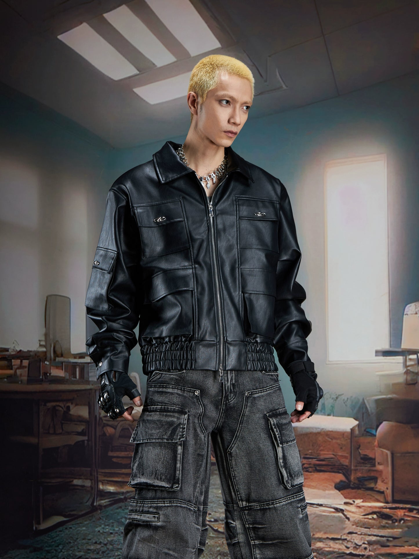 Metal Decor Multi-Pocket PU Leather Zipper Jacket WN21367