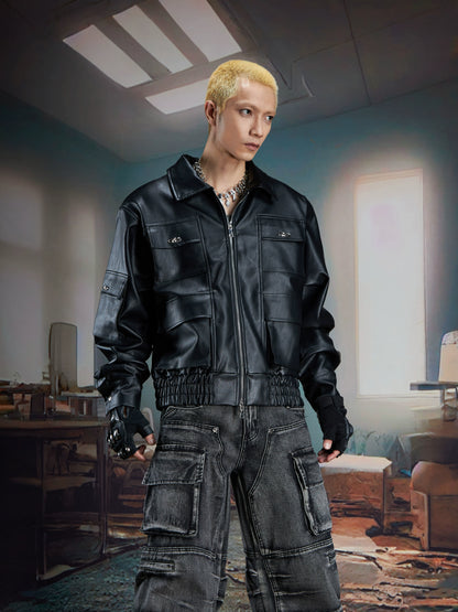 Metal Decor Multi-Pocket PU Leather Zipper Jacket WN21367