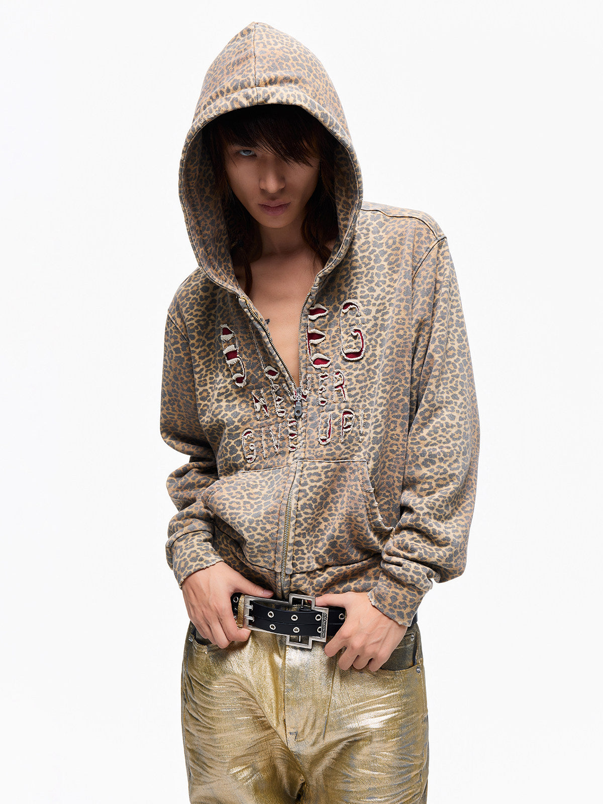 Leopard Damage Patch Double-Zipper Hoodie WN27371