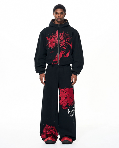 Leopard Embroidery Fleece Lining Thick Fur Patchwork Hoodie & Pants Setup WN22653