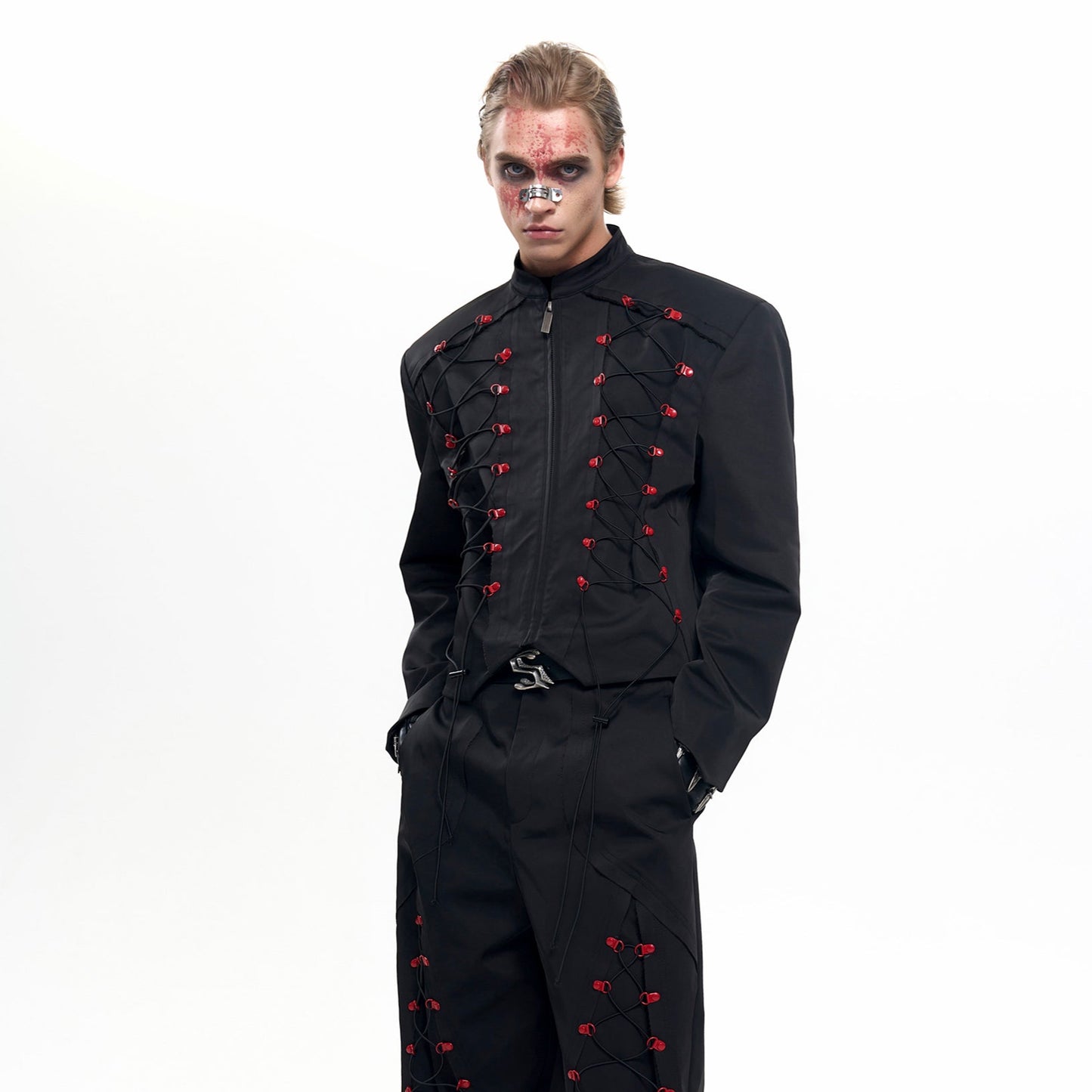 Drawstring Design Stand Neck Short Jacket & Wide Leg Trousers Setup WN20508