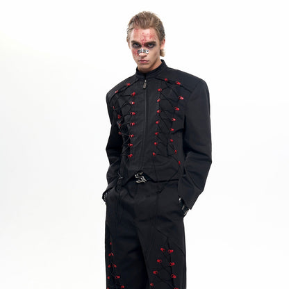 Drawstring Design Stand Neck Short Jacket & Wide Leg Trousers Setup WN20508