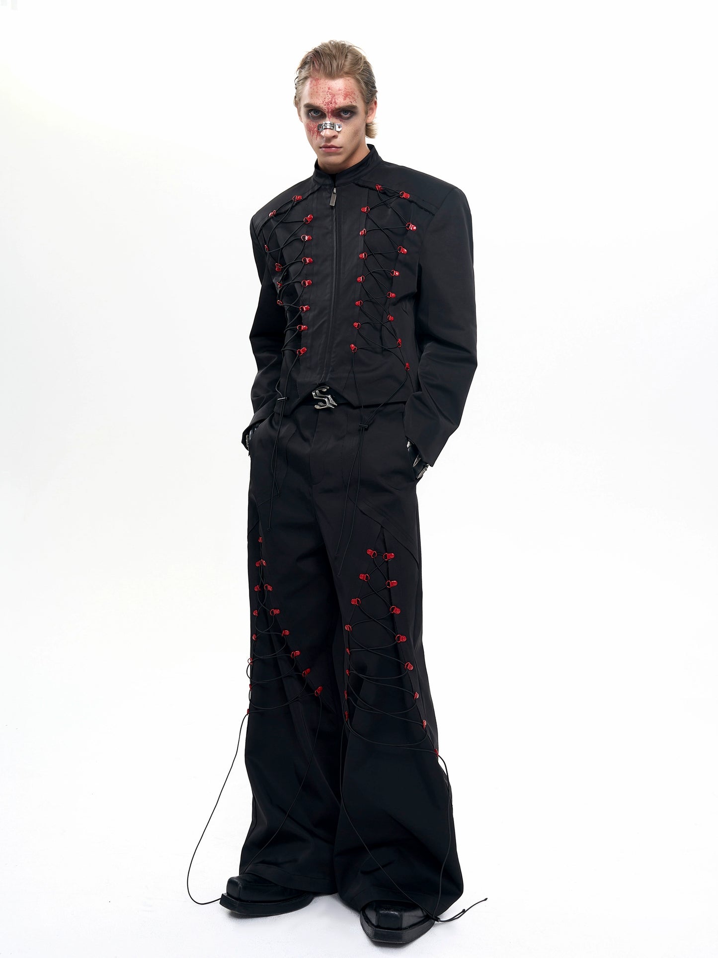 Drawstring Design Stand Neck Short Jacket & Wide Leg Trousers Setup WN20508