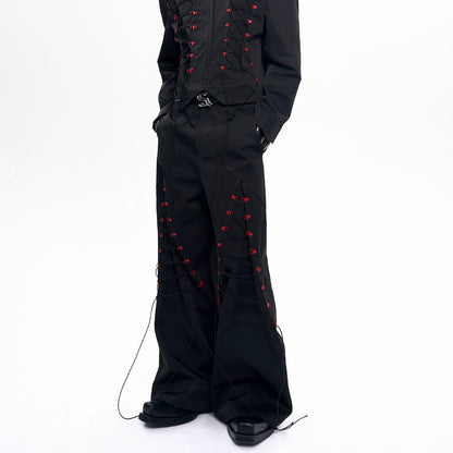 Drawstring Design Stand Neck Short Jacket & Wide Leg Trousers Setup WN20508