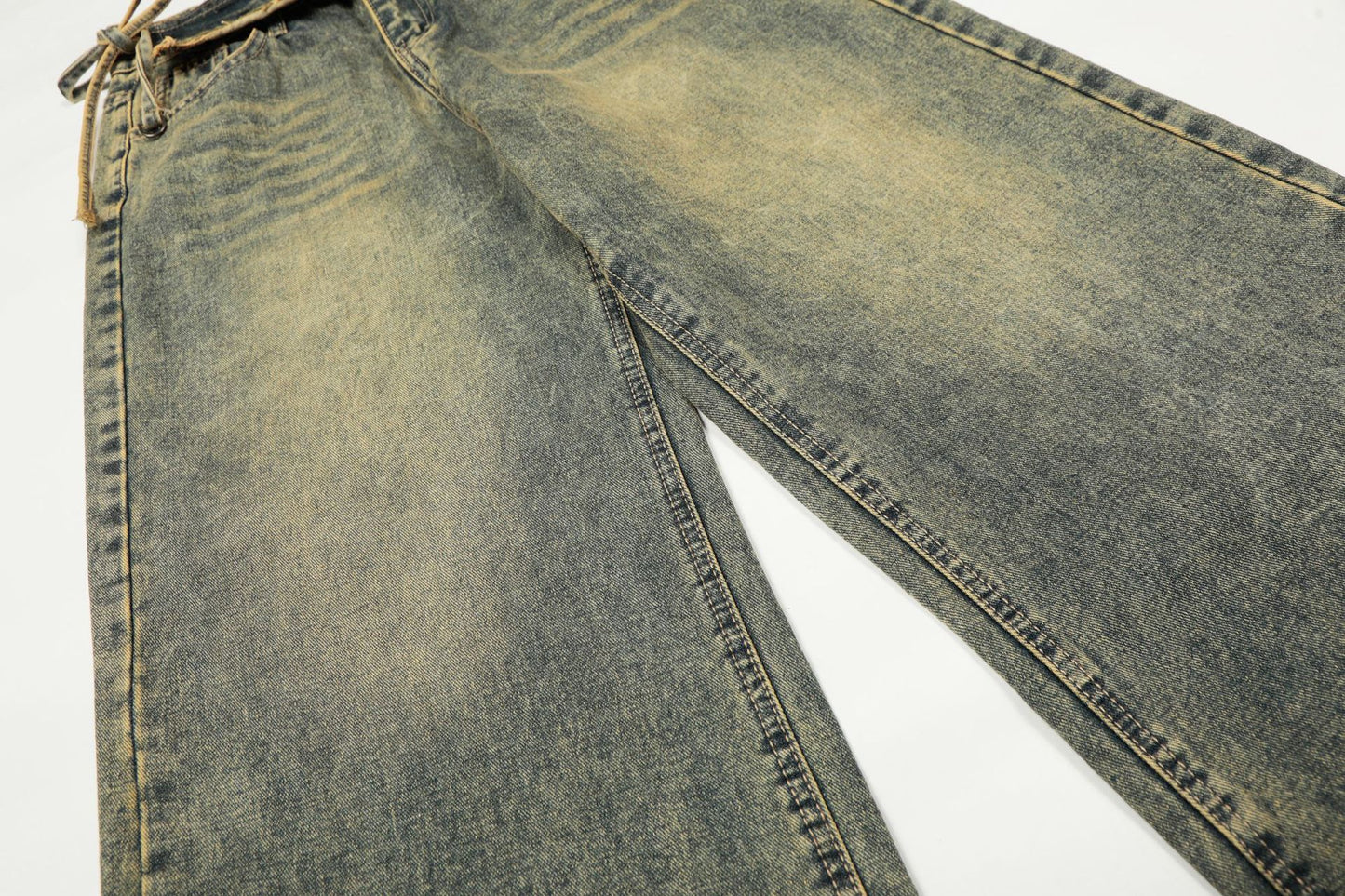 Washed Frayed Wide Leg Straight Denim Jeans WN23039