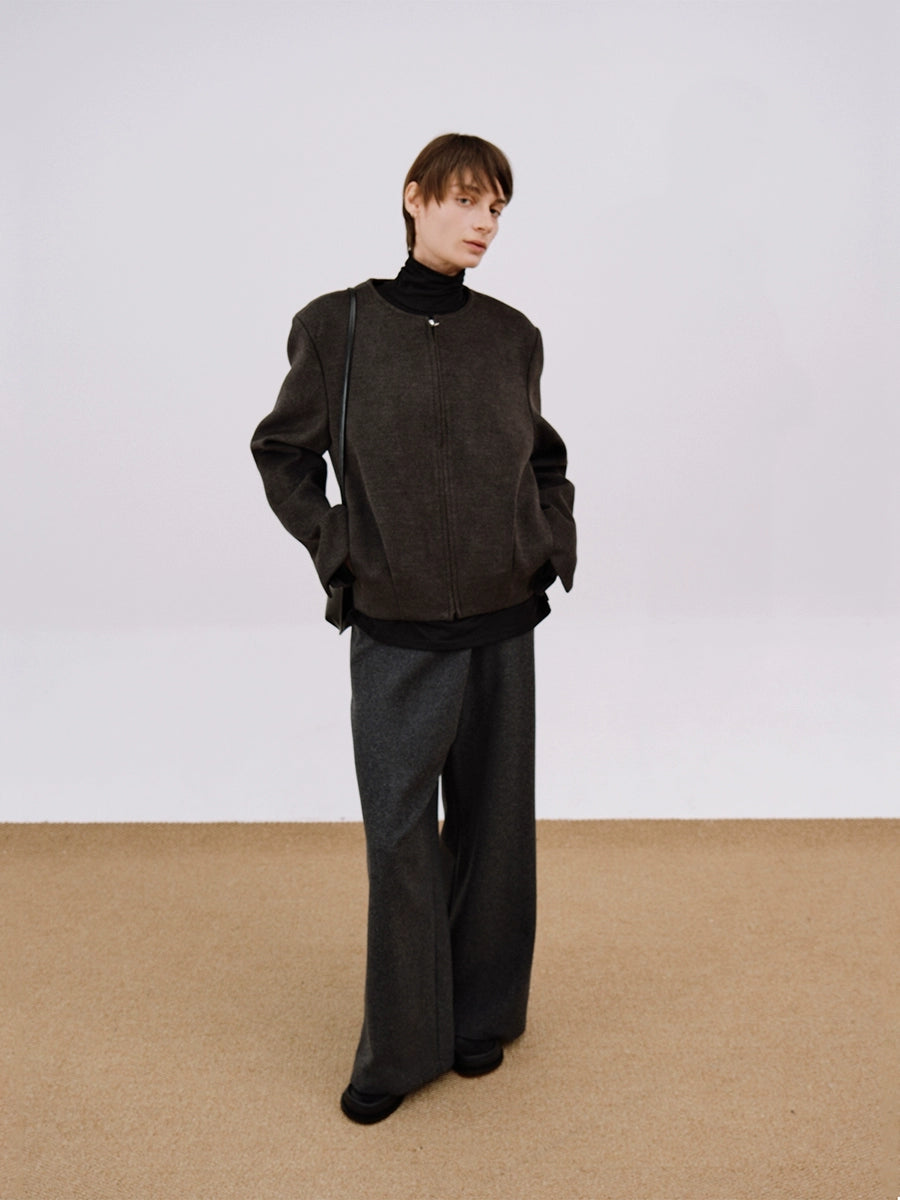 Collarless Wool Zipper Short Jacket WN21552