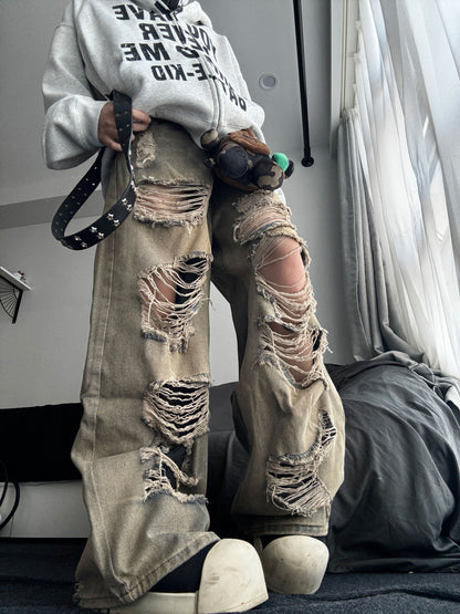 Washed Mud Effect Damage Ripped Wide Leg Straight Pants WN24201