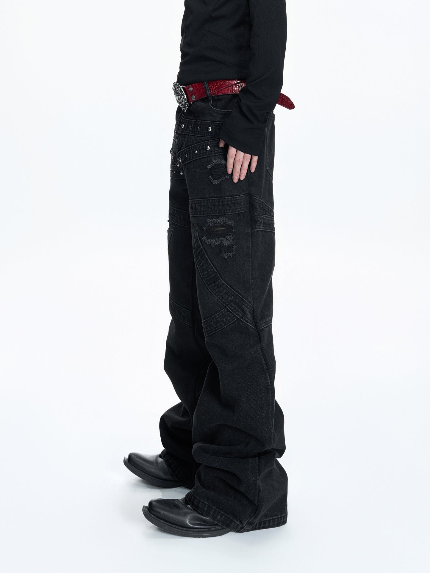 Wash Rivet Damage Patchwork Flare Denim Jeans WN23551