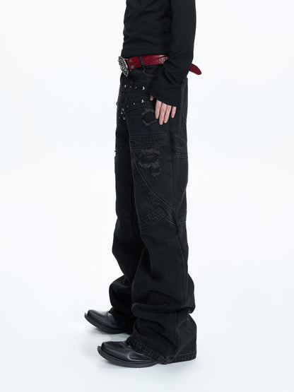 Wash Rivet Damage Patchwork Flare Denim Jeans WN23551