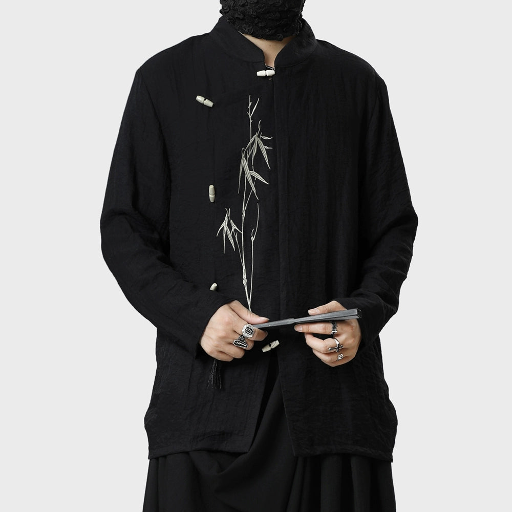 Standing-Collar Asymmetrical Embroidery Long Sleeve Shirt WN20153