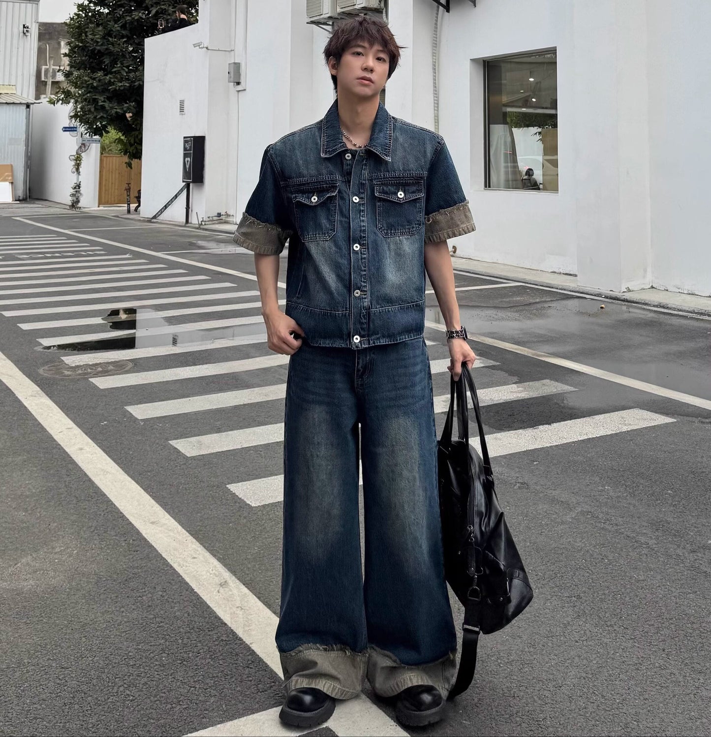 Contrast Cuff Denim Jacket & Wide Leg Denim Jeans Setup WN25367