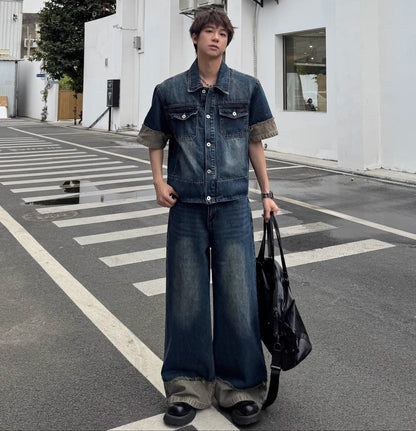 Contrast Cuff Denim Jacket & Wide Leg Denim Jeans Setup WN25367