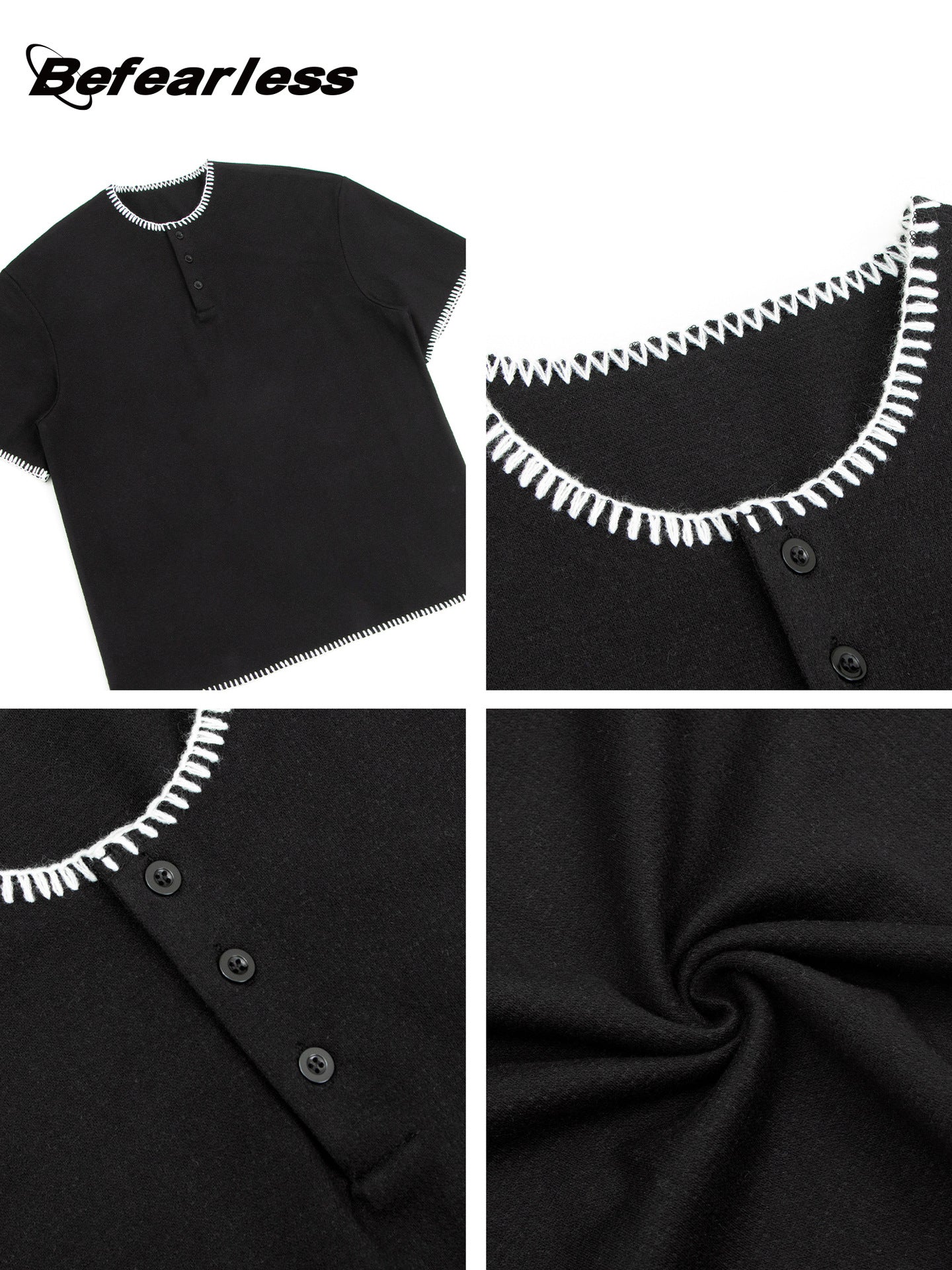 Waffle Contrast Stitch Henley Short Sleeve T-Shirt WN26173