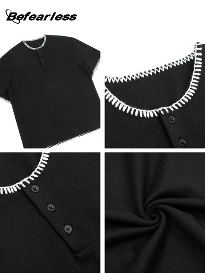 Waffle Contrast Stitch Henley Short Sleeve T-Shirt WN26173