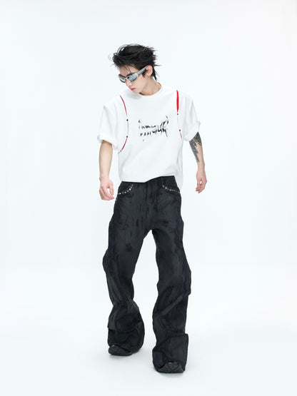 Deconstruction Liquid Print Contrast Panel Rivet Short Sleeve T-Shirt WN26976