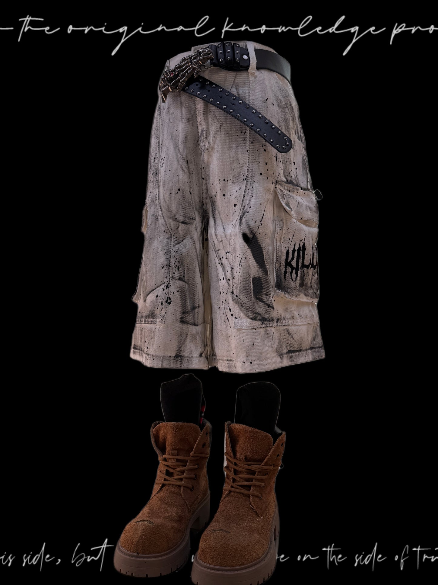 Paint Pocket Denim Cargo Denim Half Jeans & Skull Belt & Cross Belt & Belt Chain WN23797