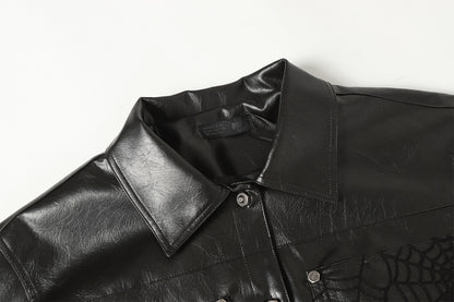 Snap-Button Emboss PU Leather Jacket &PU Leather Wide Leg Pants Setup WN23095-K