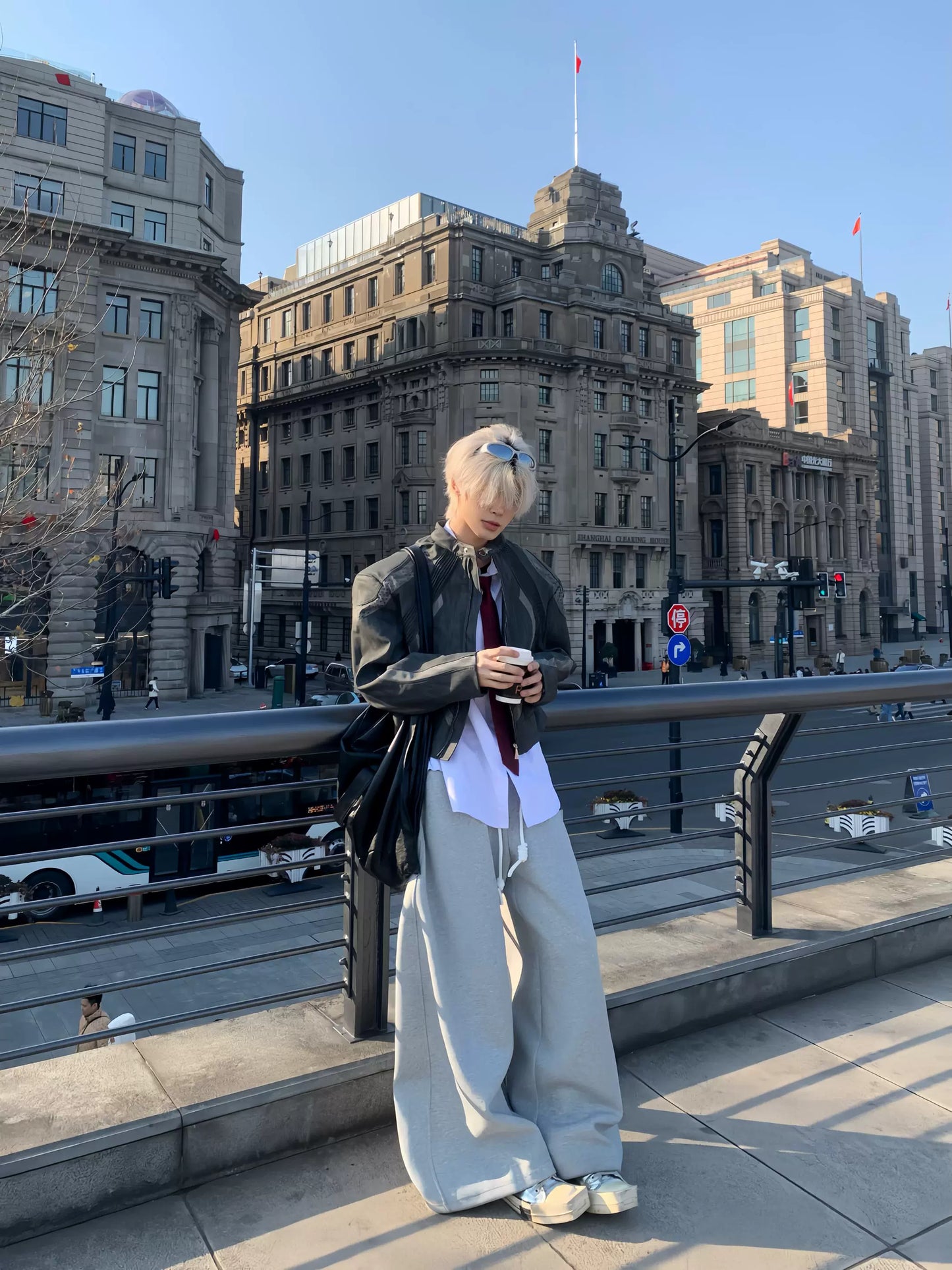 Heavy Pleats Standing-Collar PU Leather Jacket WN19795