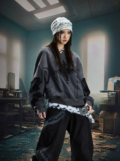 Deconstructed Patchwork Star Raw Hem Oversize Sweatshirt WN20573