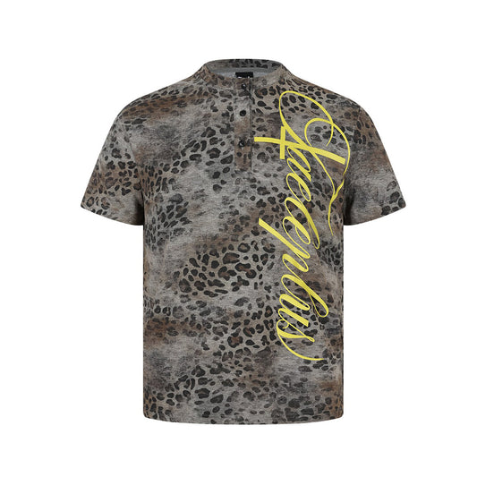 Leopard Letter Print Button Placket Short Sleeve T-Shirt WN25787