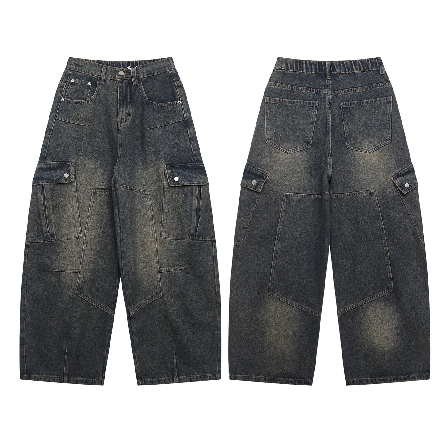 Wide Leg Multi-Pocket Washed Cargo Denim Jeans WN26925