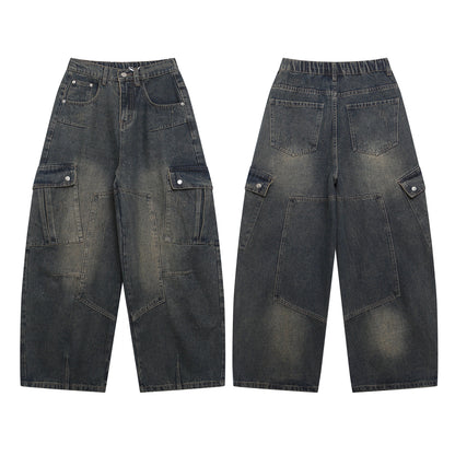 Wide Leg Multi-Pocket Washed Cargo Denim Jeans WN26925