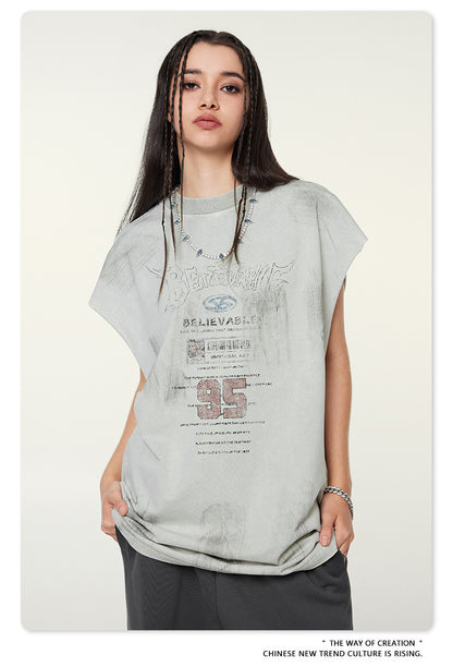 Washed Damage Print Oversize Tank Top T-shirt WN6391
