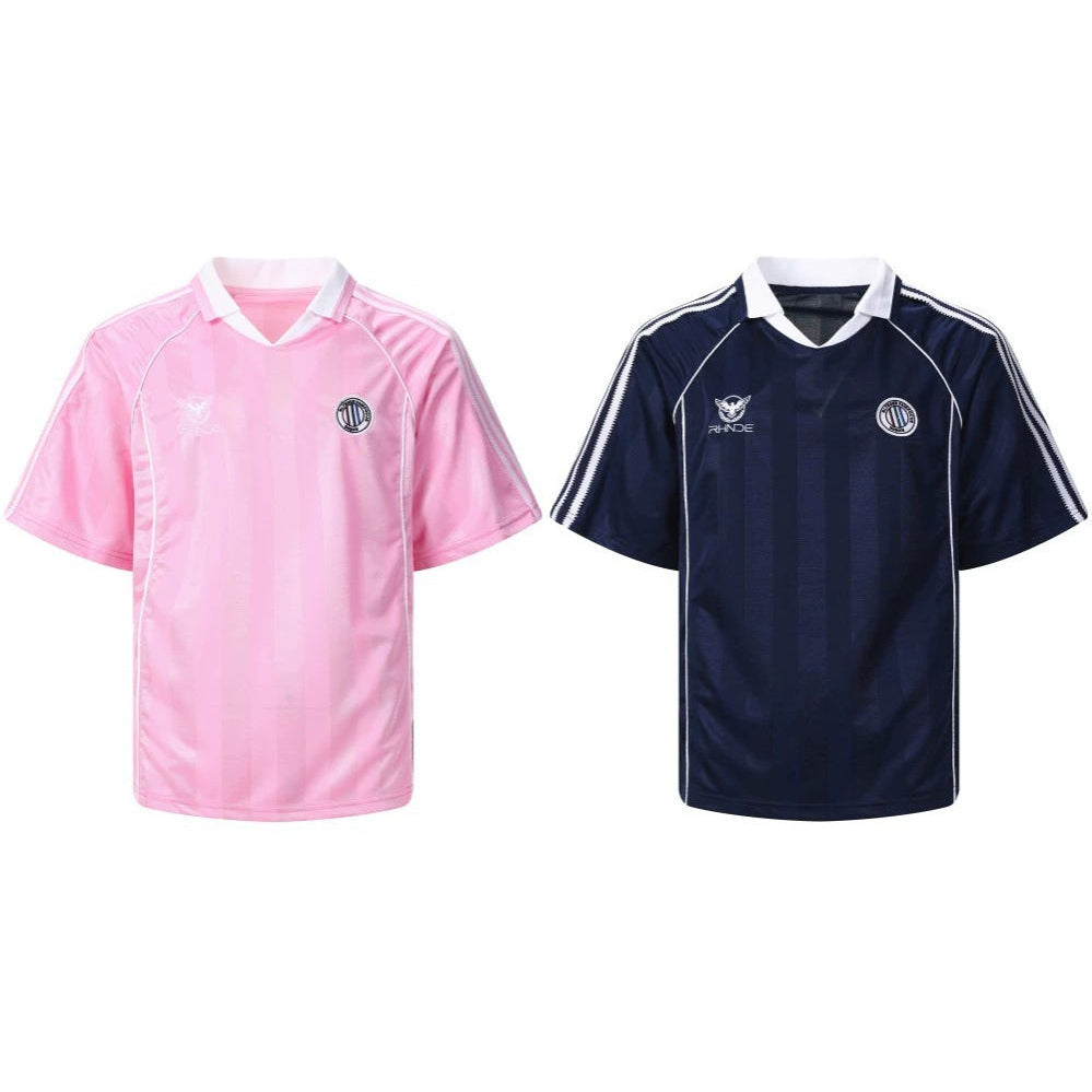 Vertical Stripe Jacquard Badge Embroidery Short Sleeve Shirt WN28041