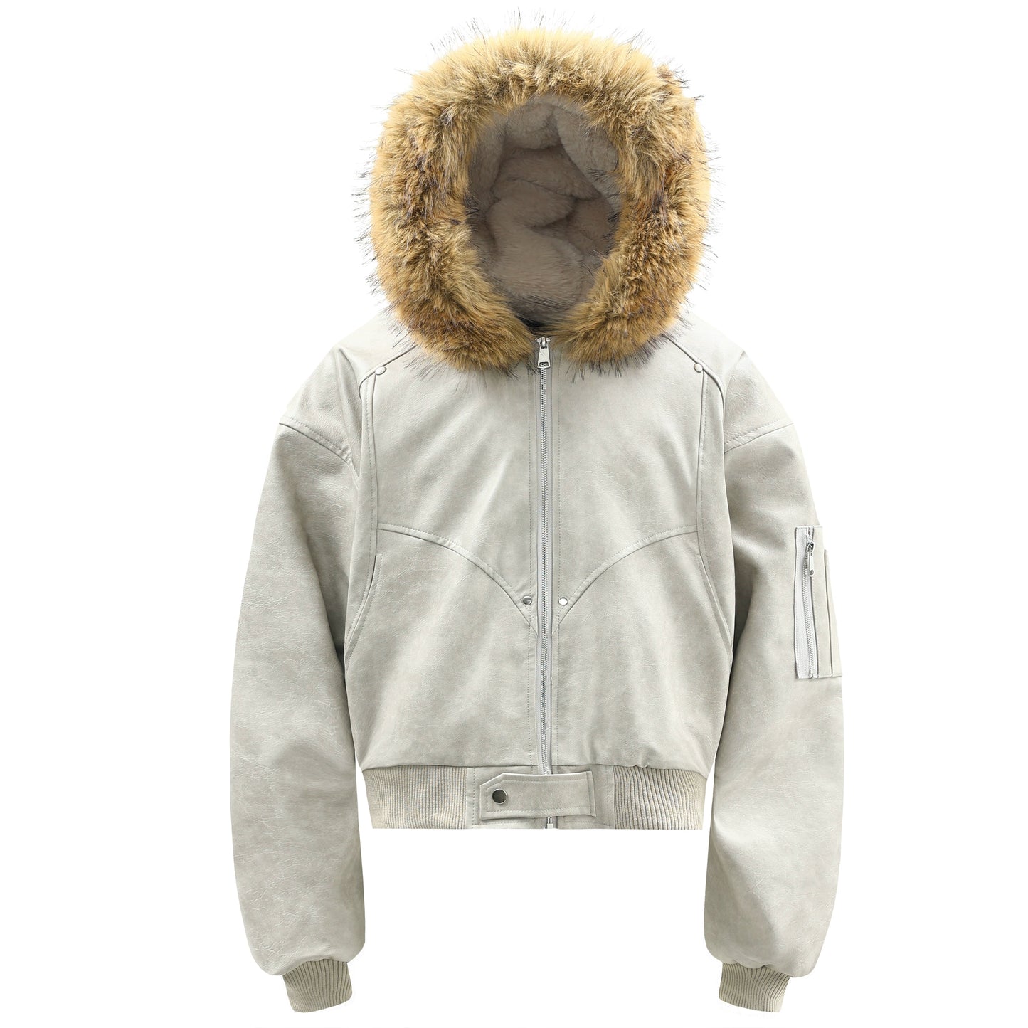 Fake Fur-Collar Plush Hooded Zipper Jacket WN22178