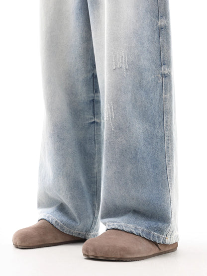 Faded Washed Wide-Leg Straight Denim Jeans WN10245