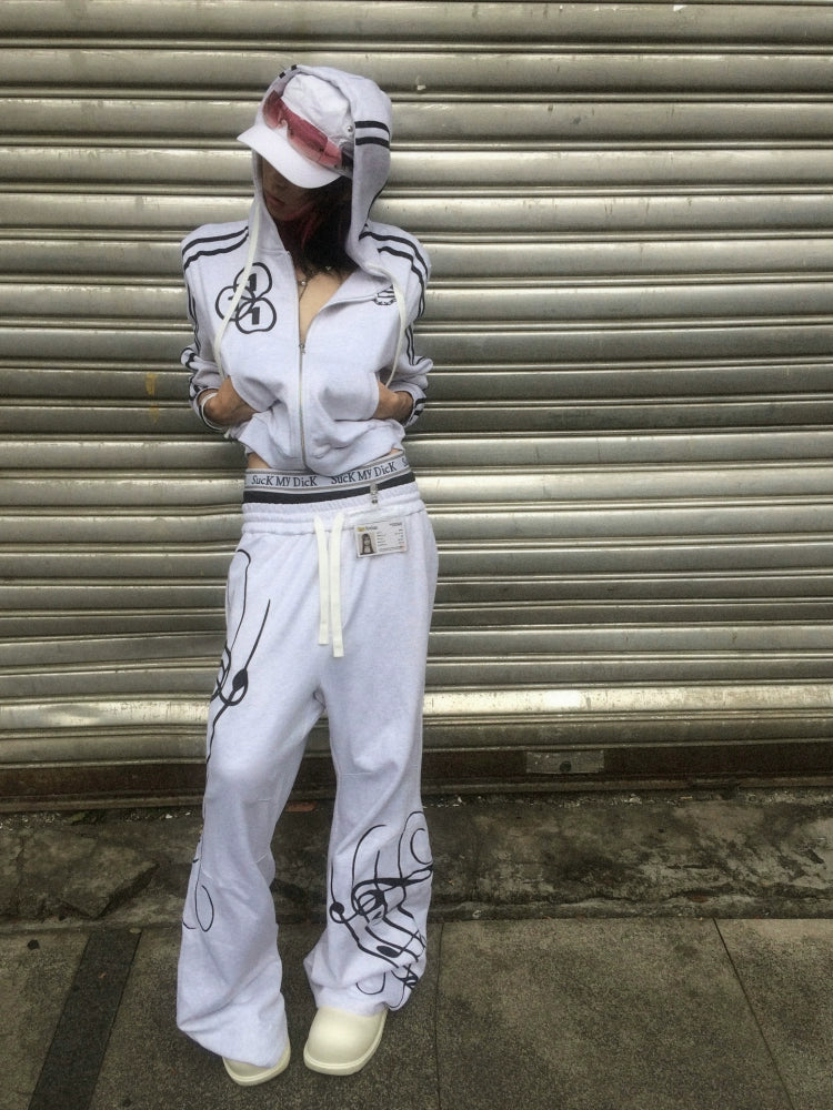 Music Score Embroidery Wide Leg Sporty Sweat Pants WN19053