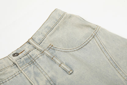 Washed Damage Curved Wide Leg Denim Jeans WN25912