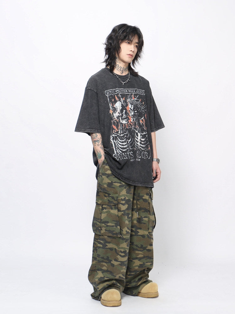 Skull Print Washed Oversize Short Sleeve T-Shirt WN24419