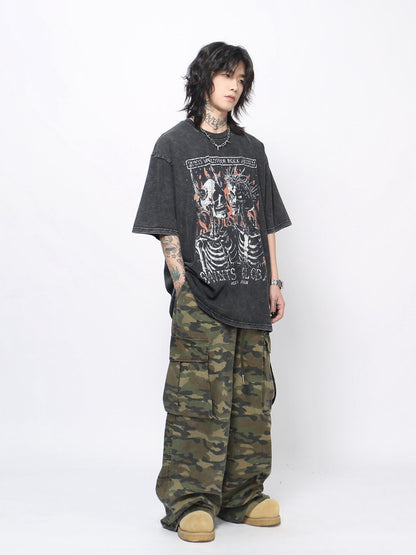 Skull Print Washed Oversize Short Sleeve T-Shirt WN24419