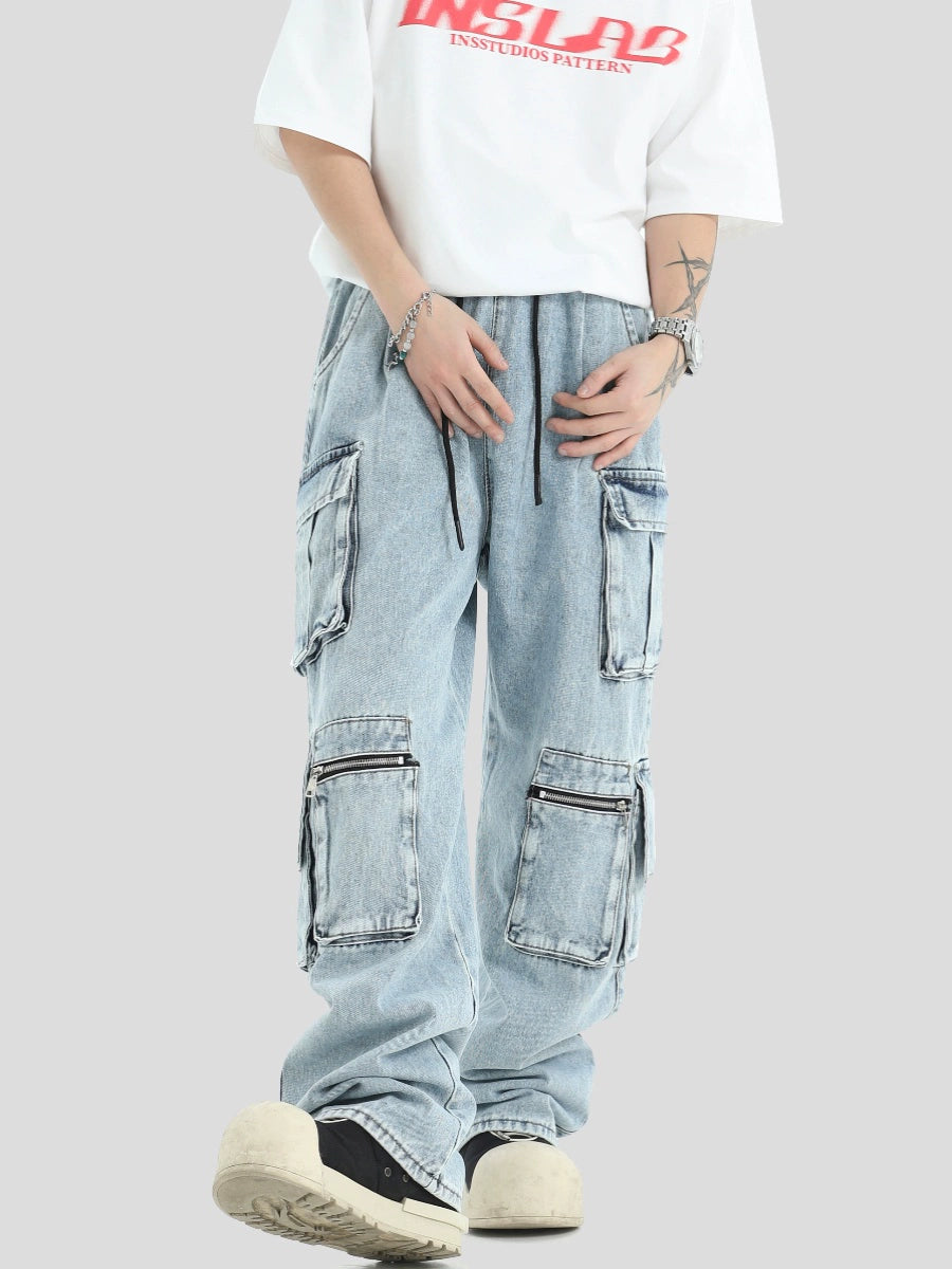 Multi Pocket Wide-Leg Straight Cargo Denim Jeans WN7196