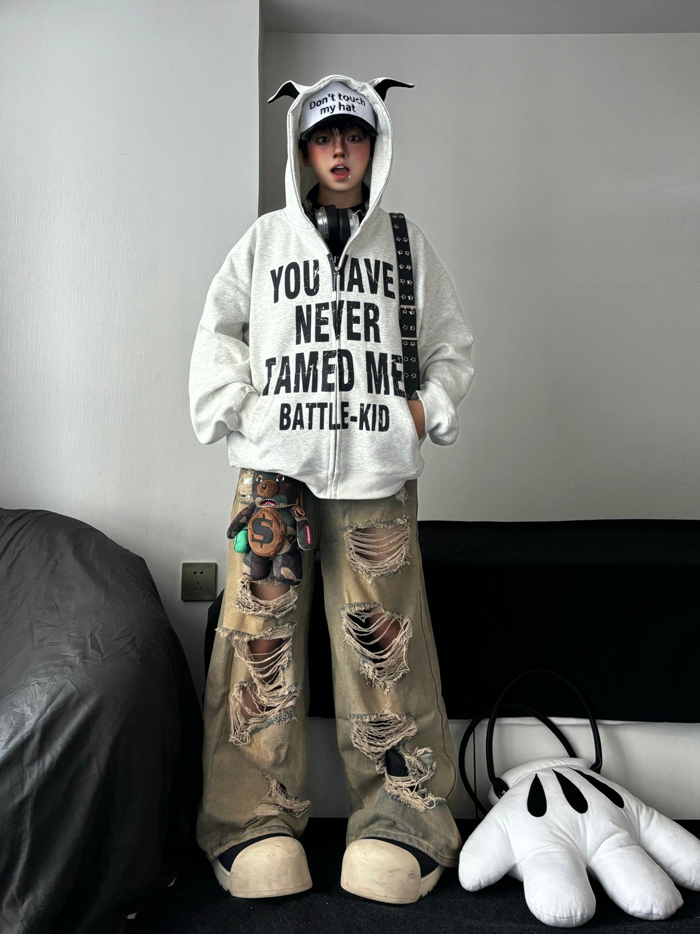 Washed Mud Effect Damage Ripped Wide Leg Straight Pants WN24201