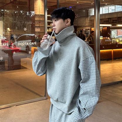 Plaid Fake Layered Long Sleeve Shirt & Wide Leg Sweatpants Setup WN25337