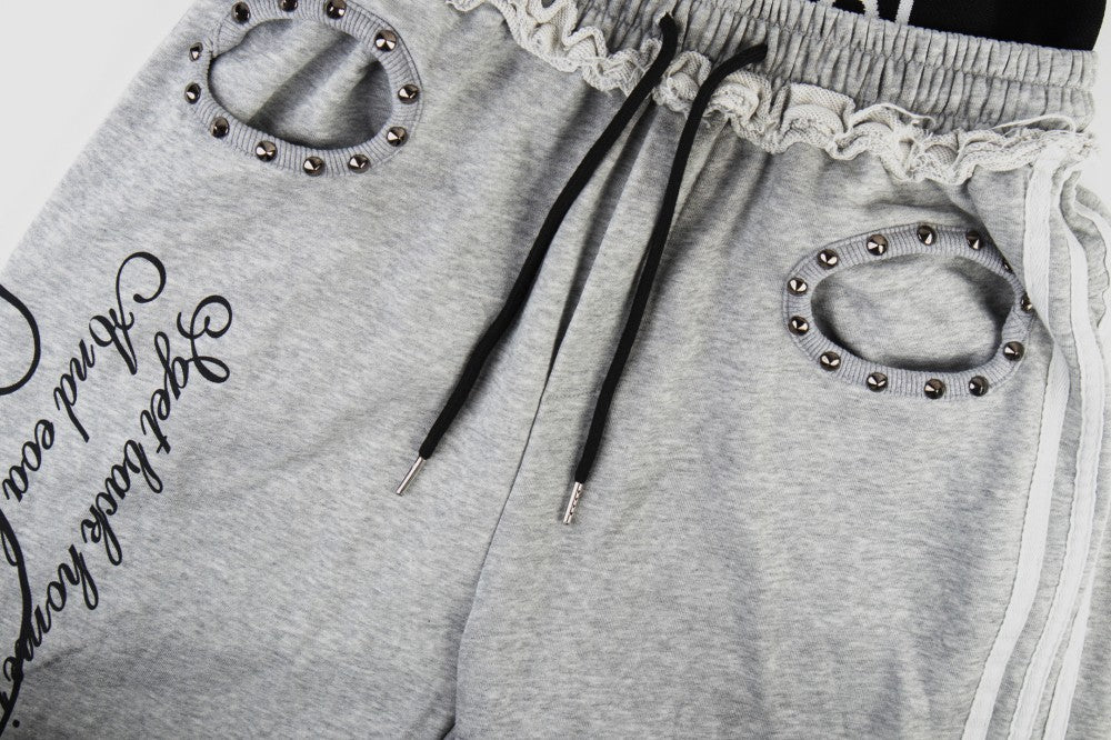 Gothic Letter Print Frayed Waist Wide Leg Sweatpants WN27838