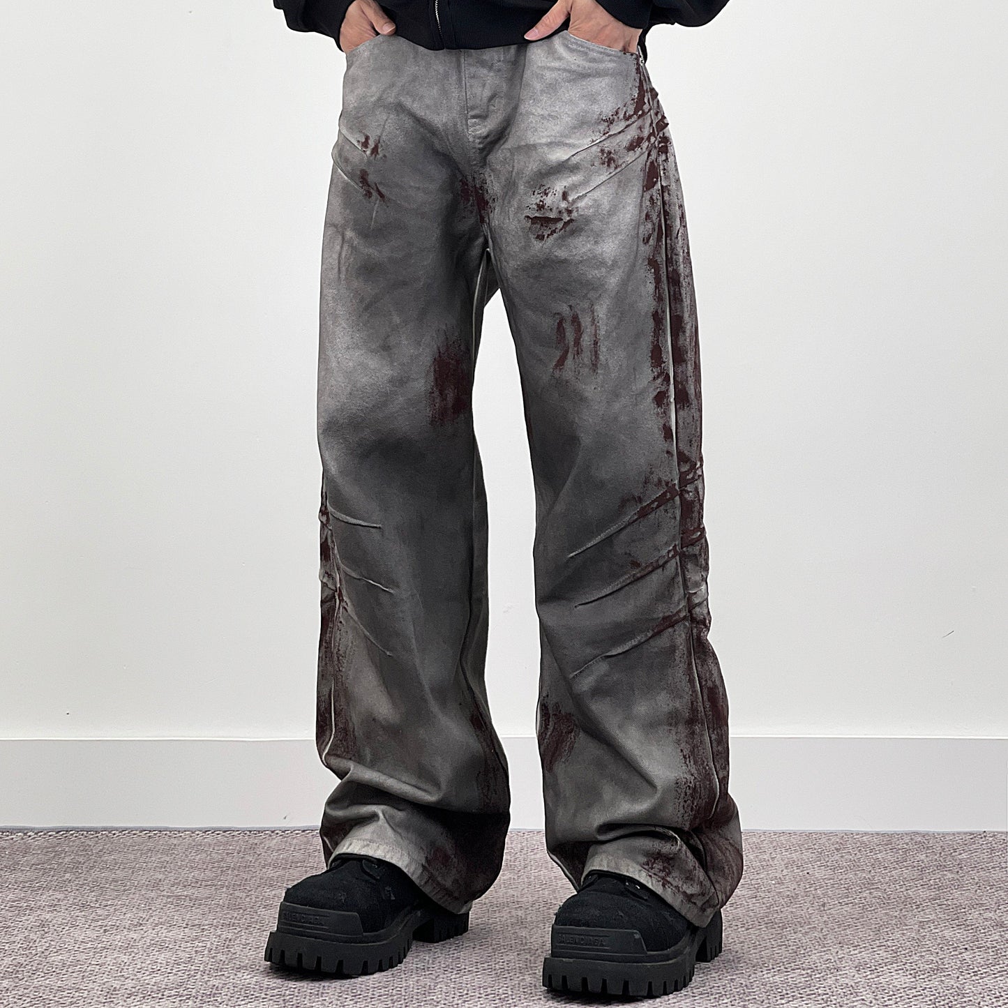 Blood Stain Scratch Damage Deconstructed Flare Denim Jeans WN24242