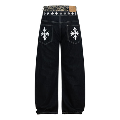 Color Block Embroidery Wide Leg Curved Denim Jeans WN25864