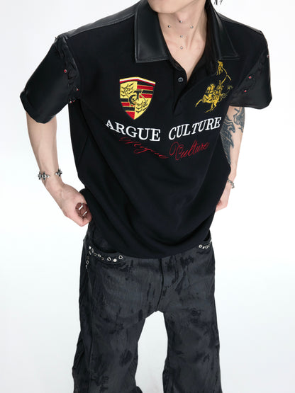 PU Leather Patchwork Embroidery Stud Short Sleeve T-Shirt WN26982