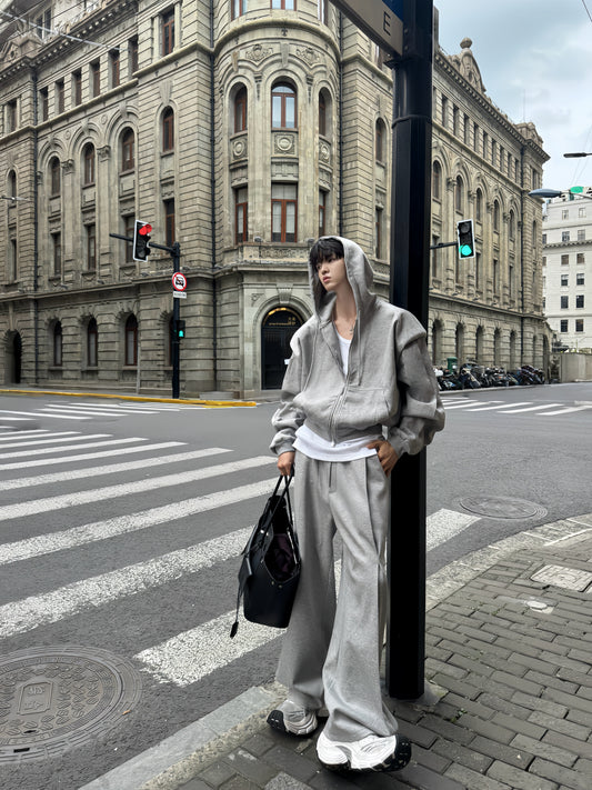 Shoulder-Pad Zipper Hoodie & Wide Leg Pants Setup WN20766