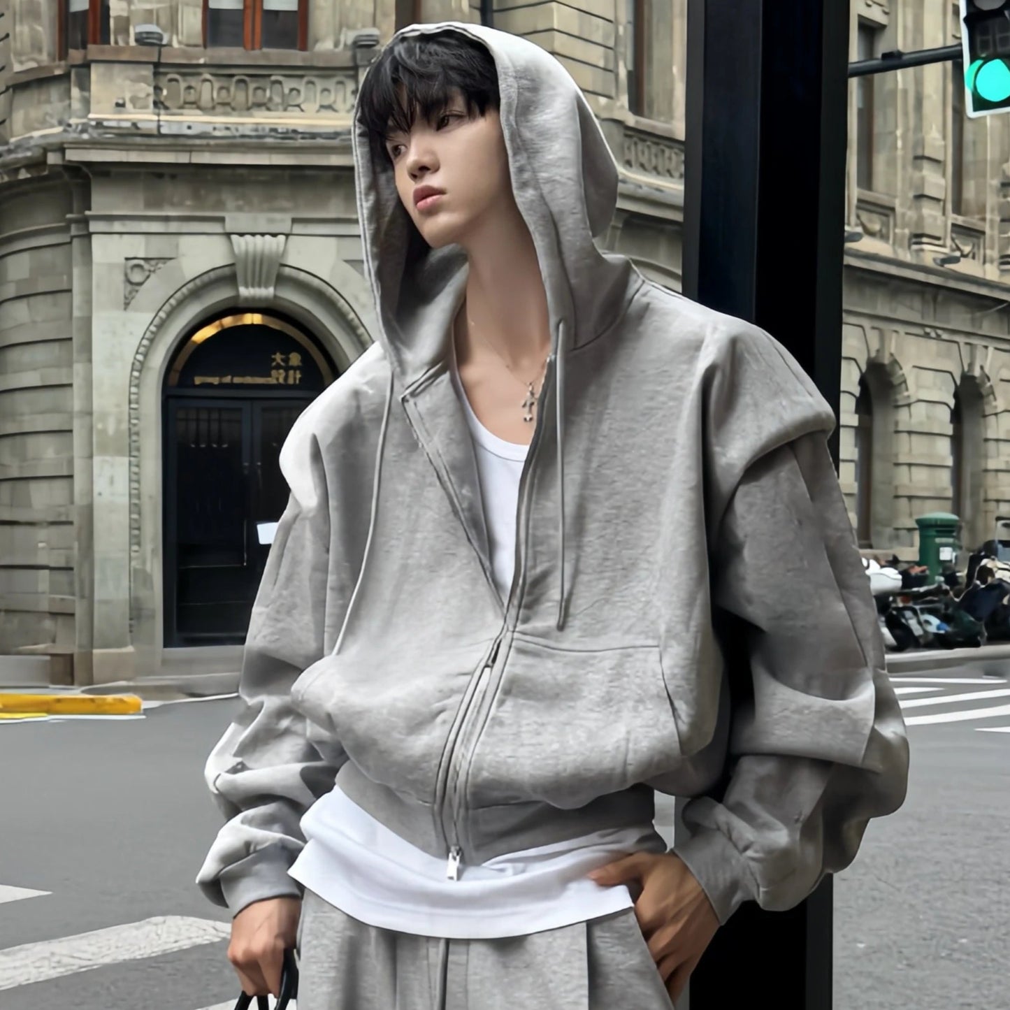 Shoulder-Pad Zipper Hoodie & Wide Leg Pants Setup WN20766