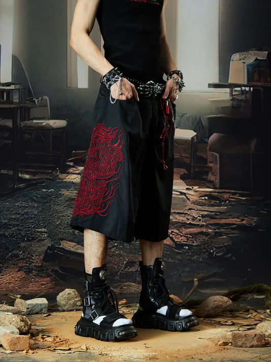 Dragon Embroidery Ultra-Thin Quick-Dry Wide Leg Half Pants WN18512