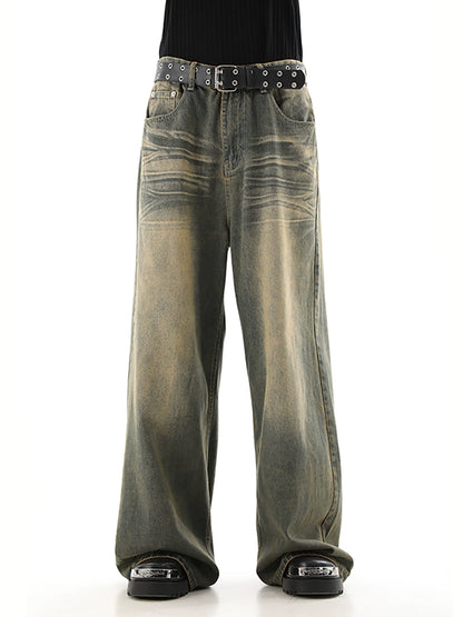 Yellow Mud Dyed Wash Wide-Leg Straight Denim Jeans WN10366