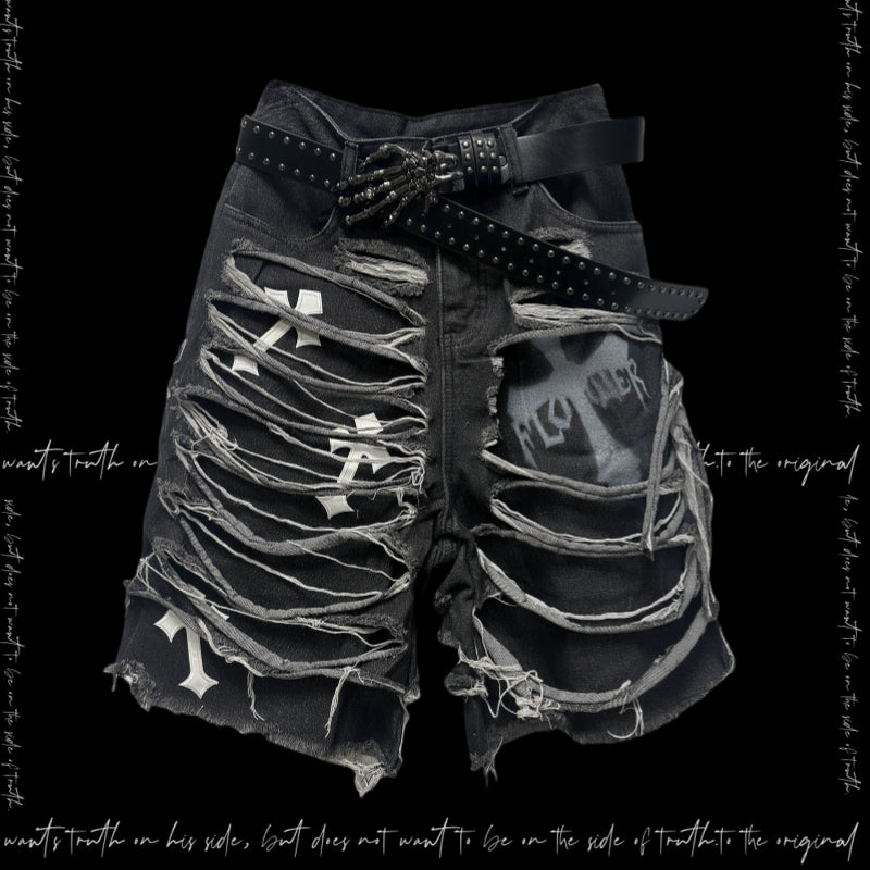 Washed Damage Design Five Pocket Half Denim Jeans & Belt & Waist Chain WN20092