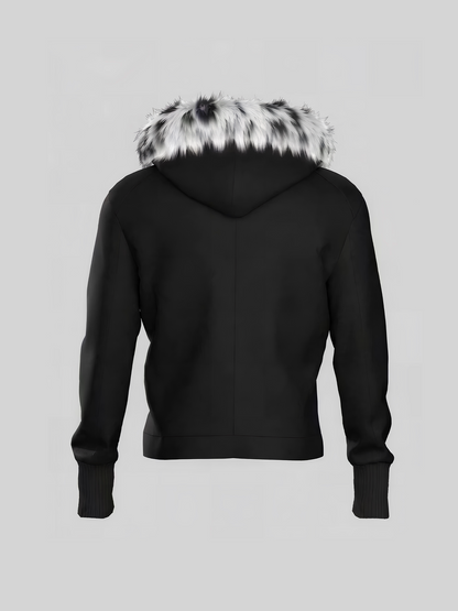 Leopard Fake Fur Collar Shield Emblem Hooded Jacket WN27112